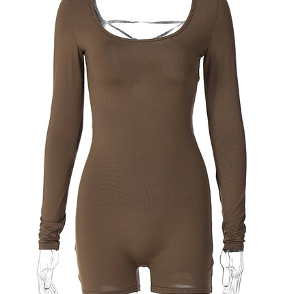 Hugcitar Long Sleeves Backless Solid Lace Up Sexy Slim Skinny Playsuit 2024 Fall Women Fashion Y2K Streetwear Party Club Rompe