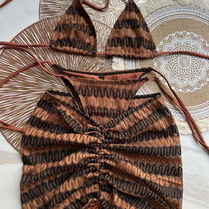 Women Swimsuit Colored Maple Leaves Knitted Bikini Skirt Three-Piece Set Split Swimsuit Bikini