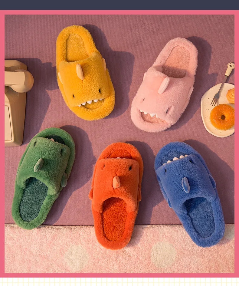 Comwarm Autumn And Winter Cartoon Shark Wool Slippers For Women Soft Home Men's Indoor Household Open Toe Plush Cotton Slippers