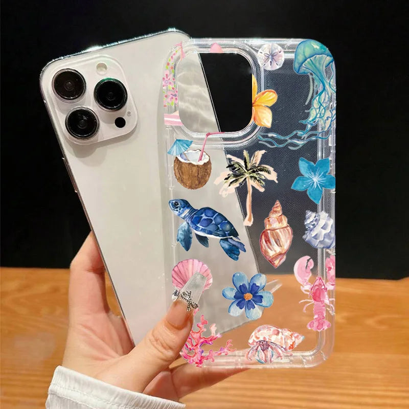 Transparent Turtle Lobster Coconut Print Case For iPhone 16E 16 15 14 13 12 11 Pro Max Mini Soft Covers