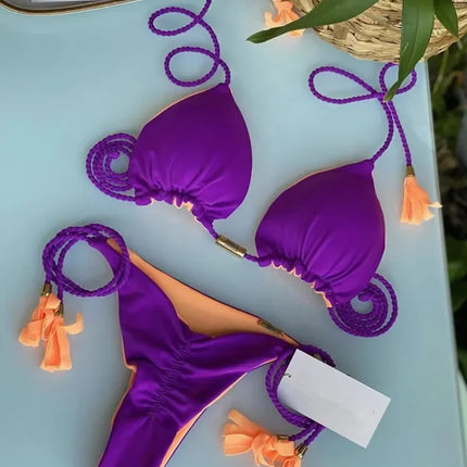 New Women Bikini Backless Rope Triangle Swimsuit Multicolor