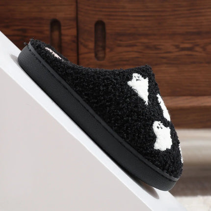 Halloween Ghost Pattern Black Cotton Slippers Non-slip Thick Sole Lightweight stuffed Slippers Holiday Gift