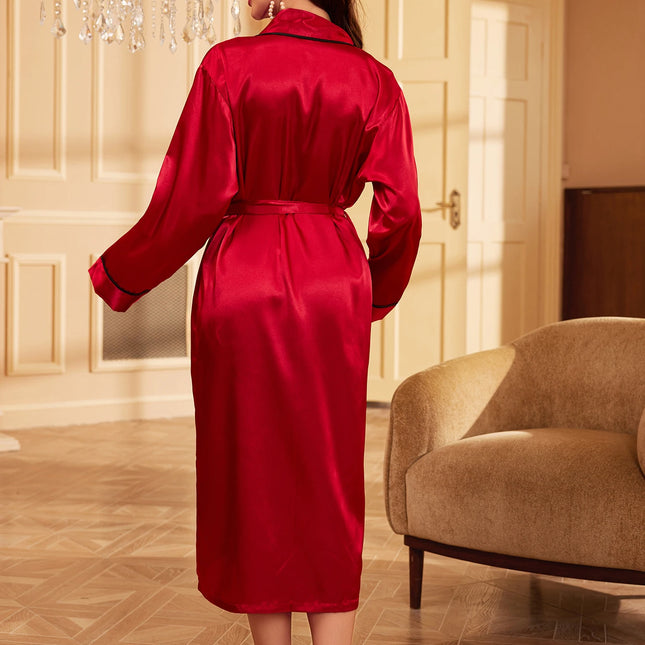 Simple Satin Night Robe Long Sleeve V Neck Robe With Belt  Women's Sleepwear