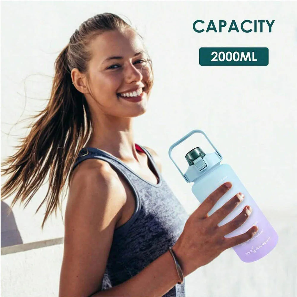 2L Water Bottle Motivational Water Bottle with Time & Capacity Marker BPA-Free Sports Water Cup Fitness Gym Running Exercise