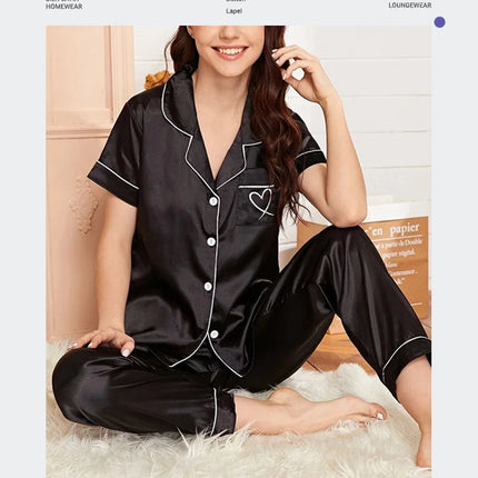 Women's Pajama Pocket Heart Embroidered Pajama Set Satin Comfortable Short Sleeve Button Pajama Lounge Pant For Women Sleepwear