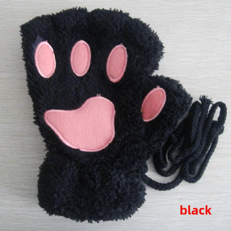 Cat Claw Gloves Winter Cute Cartoon Cat Girls Fingerless Gloves Thickened Velvet Bear Paw Half Finger Gloves
