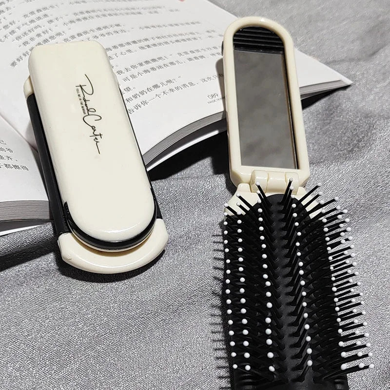 Foldable Hair Brush Portable Massage Comb Head Massager Anti-Static Travel Hair Combs with Mirror Girls Hair Styling Accessories