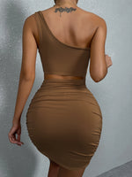 Sexy One Shoulde Backless Bodycon Mini Dress Women's Waist Hollow Out Tight Pleated Wrapping Skirt 2023 New Style
