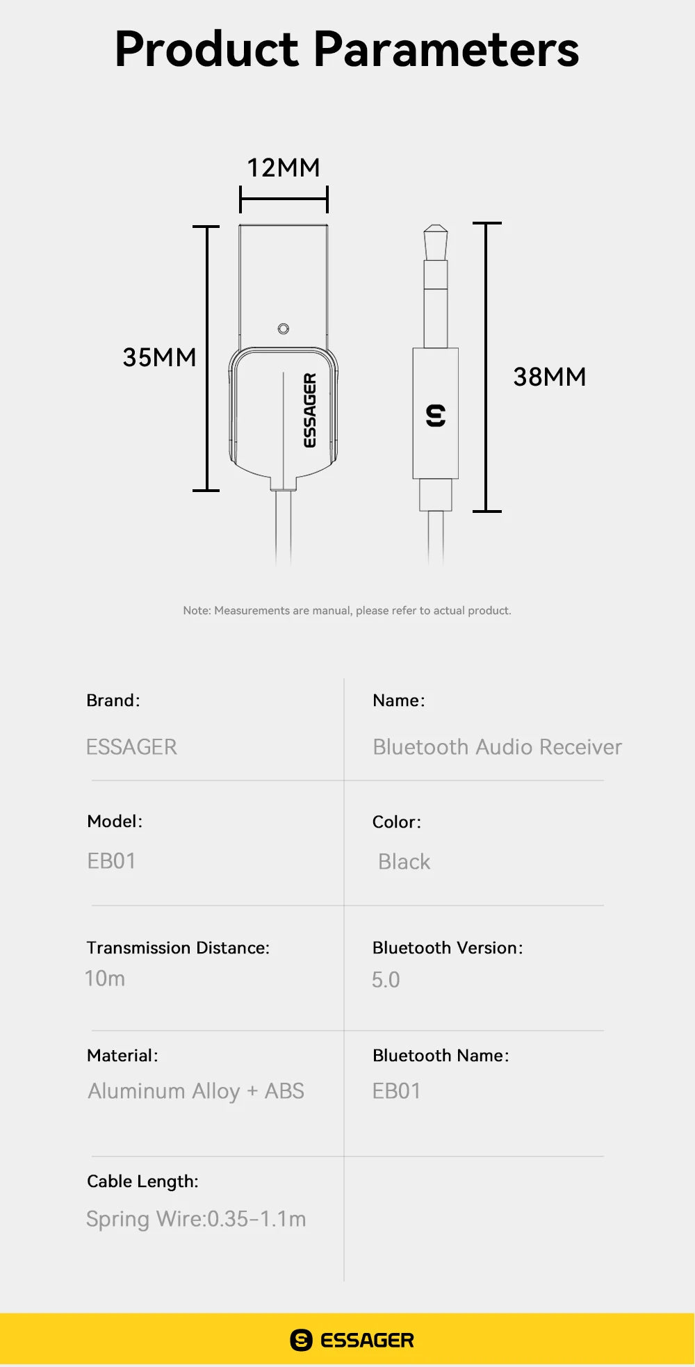 Essager USB Bluetooth 5.0 Receiver Aux Bluetooth Adapter For Car 3.5mm Jack Speaker Auto Handfree Car Audio Music Transmitter