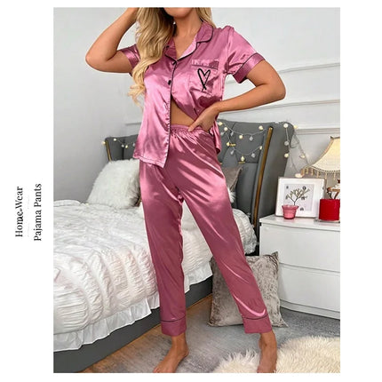 Women's Pajama Pocket Heart Embroidered Pajama Set Satin Comfortable Short Sleeve Button Pajama Lounge Pant For Women Sleepwear