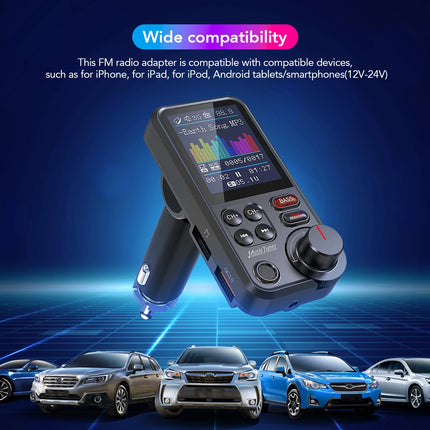 1.8 Inch Wireless Car Bluetooth FM Transmitter Aux Supports QC3.0 Charging Treble and Bass Sound Music Player