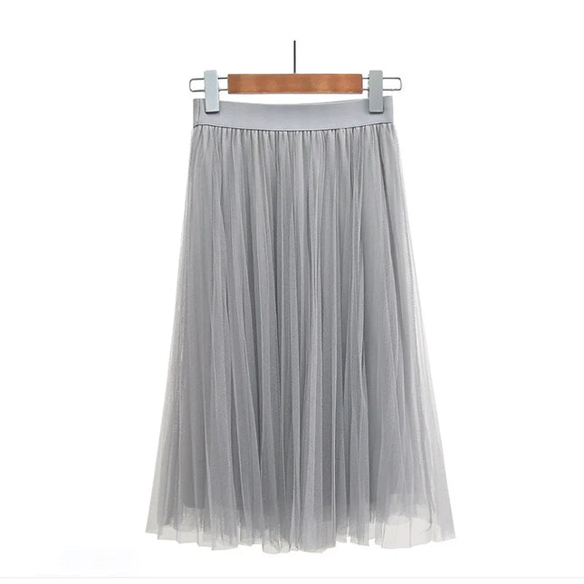 3 Layers Tulle Skirts Womens Black Gray White Adult Tulle Skirt Elastic High Waist Pleated Midi Skirt