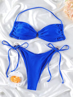 Solid Color Bikinis Push Up Swimwear Women Halter Bikini Set Shiny Swimsuit Push Up Bathing Suits Bandage Beachwear Thong