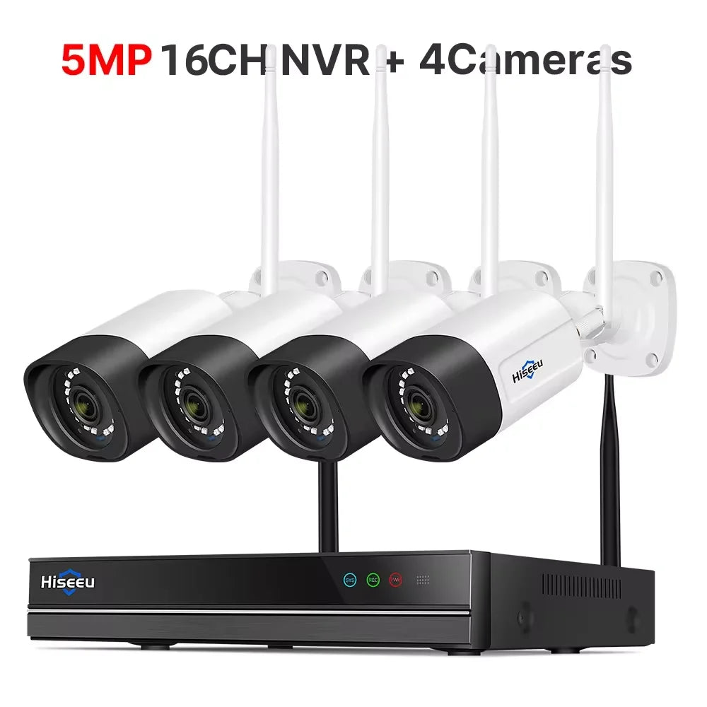 Hiseeu H.265 16CH NVR 5MP Wifi Surveillance Camera System Color Night Human Motion 2 Way Audio WiFi Outdoor Security Cameras Set