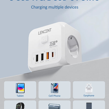 LENCENT EU Plug Power Strip Wall Socket with 3 AC+3 USB QC 18W +1 Type C PD 35W Fast Charger Adapter 7-in-1 Socket On/Off Switch