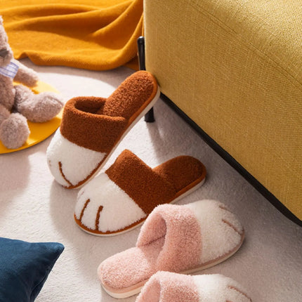 Shevalues Indoor Warm Plush Slippers For Women Men Cute Cat Paw Design House Fur Slippers Mute Flats Slides Indoor Fluffy Shoes