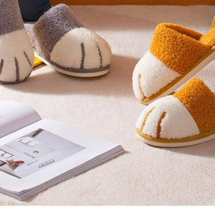 Shevalues Indoor Warm Plush Slippers For Women Men Cute Cat Paw Design House Fur Slippers Mute Flats Slides Indoor Fluffy Shoes