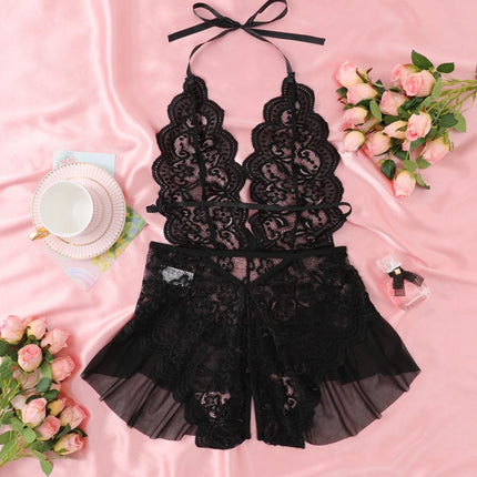 White Backless Crotchless Sexy Lingerie Hollow Bodysuit Teddy Babydoll Dress Deep V Open Erotic Costume Lace Porn Underwear Set