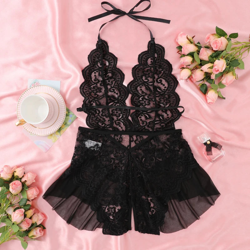 White Backless Crotchless Sexy Lingerie Hollow Bodysuit Teddy Babydoll Dress Deep V Open Erotic Costume Lace Porn Underwear Set