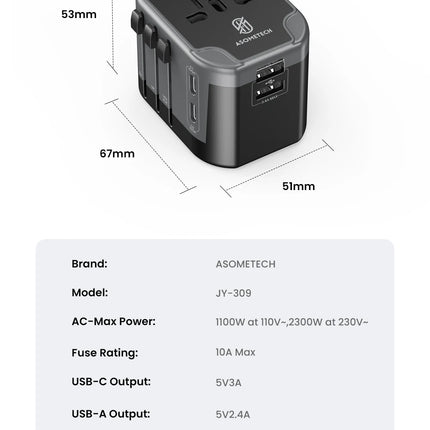 ASOMETECH International Travel Adapter USB Charger 2 USB and 2 Type C Port All-in-one Wall Charger for US EU UK AUS Travel