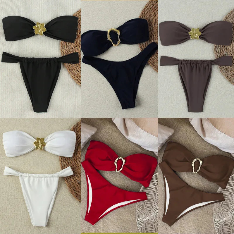 "2025 Sexy Bandeau Push-Up Bikini Set - Brazilian Thong Swimwear for Women"