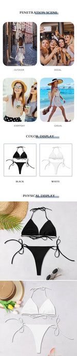 2025 New Women's Solid-color Separate Beach Wear Sexy Halter Three-point Bikini Backless Adjustable Lace-up Swimsuit