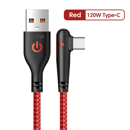 120W USB C Cable 90 Degree For OPPO Fast Charging Cord For Samsung S21 xiaomi 14 iPhone15 Quick Charging Data Wire Charger Cable