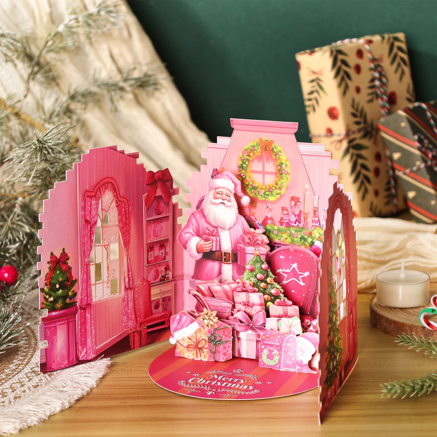 1pc Vintage Christmas Pop-Up Card, Merry Christmas Greeting Card with Massage Card and Envelop, Christmas Tree Santa Snowman