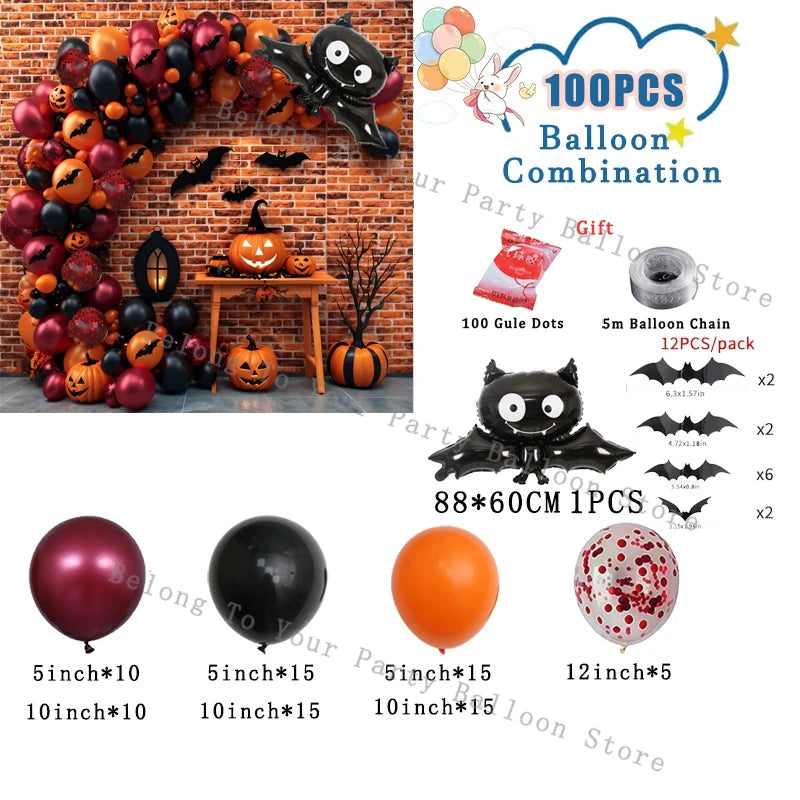 Halloween Pumpkin Balloons Garland Arch Kit Orange Black Balloon 3D Bat Sticker Eye Globos Birthday Party Halloween Decorations