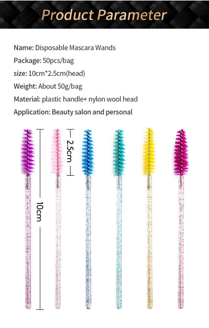 CNK 50Pcs Disposable Crystal Eyelash Brush Mascara Wands Applicator Diamond Rod Makeup Brushes for Women Eyelash Extension Tool