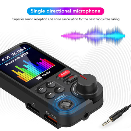 1.8 Inch Wireless Car Bluetooth FM Transmitter Aux Supports QC3.0 Charging Treble and Bass Sound Music Player