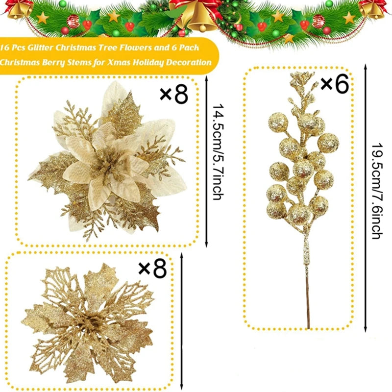 22Pcs Christmas Decoration Artificial Flowers Berry Bouquet Christmas Tree Ornament Home Decor New Year Navidad Gift Accessories