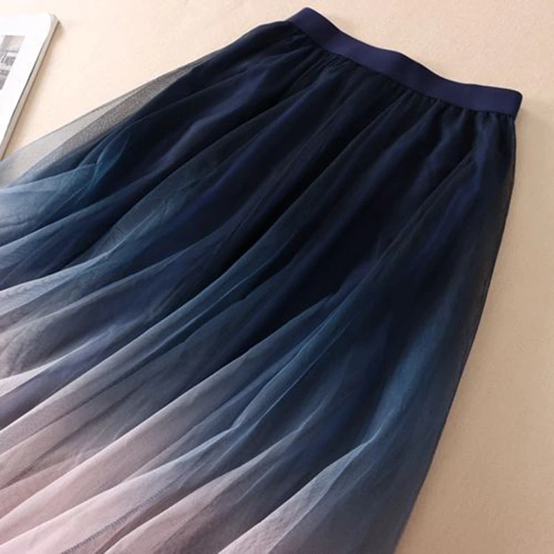 MEXZT Gradient Tulle Midi Skirt Women Elegant Mesh Pleated Skirts Summer Korean Fashion High Waist Casual All Match A Line Skirt