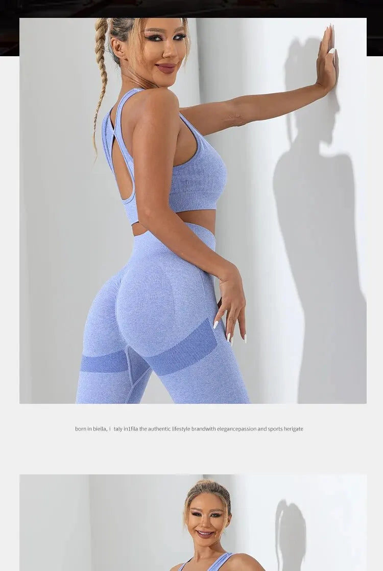 Yoga Basic 2pcs Seamless High Stretch Yoga Set Tracksuit Gym Set Crisscross Back Cami Hip-hugging Tummy Control Leggings