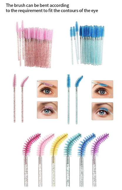 CNK 50Pcs Disposable Crystal Eyelash Brush Mascara Wands Applicator Diamond Rod Makeup Brushes for Women Eyelash Extension Tool