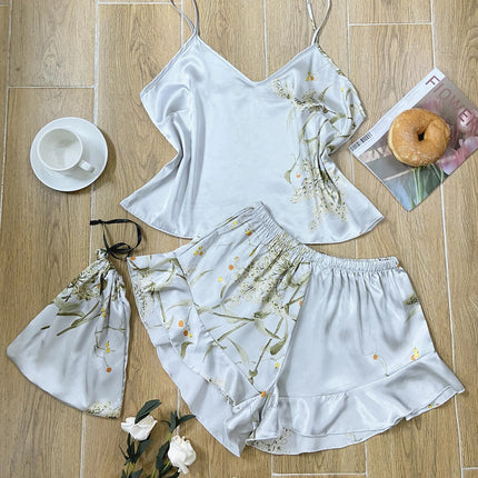 Elegant Floral Print Cami Tops   Ruffle Hem Shorts Pajama Set  Women's Sleepwear   Loungewear