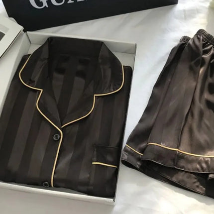 1 Set Women's Elegant Lounge Set, Plus Size Satin Striped Button Up Long Sleeve Shirt & Pants Pajamas