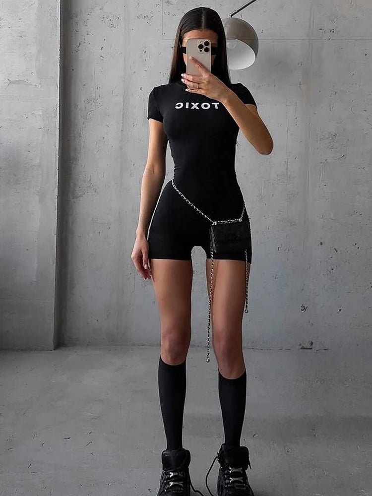 Nibber Peach Hip Letter Print Fashion Romper Women Body-Shaping Skinny o-Neck Mini Sleeve Tight Casual Simple Workout Playsuits