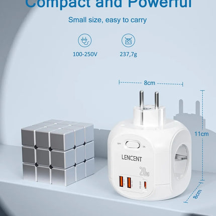 LENCENT EU Plug Wall Socket Extender with 4 AC +QC3.0USBX2 +1 Type C PD20W Fast Charger Adapter 7-in-1 Socket On/Off Switch