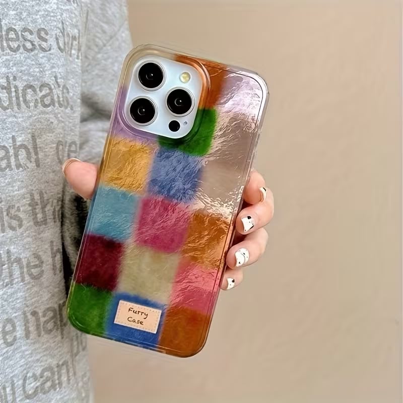 Dopamine Furry Patchwork Phone Case | Colourful iPhone Case for 17 16 15 14 13 12Pro Max 7 8 Plus XR XS X