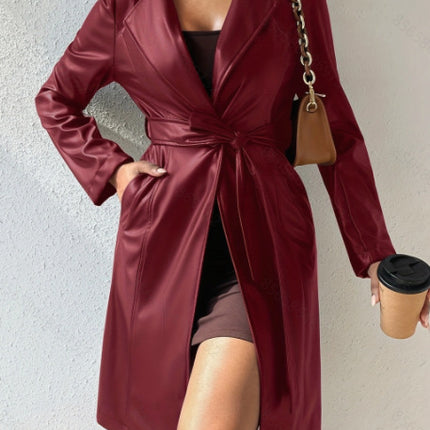 Long Sleeve Lapel PU Leather Jacket With Pockets Slim Fit Long Trench Coat Women's Clothing
