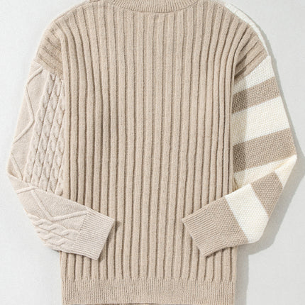 Cable-Knit Color Block Round Neck Sweater