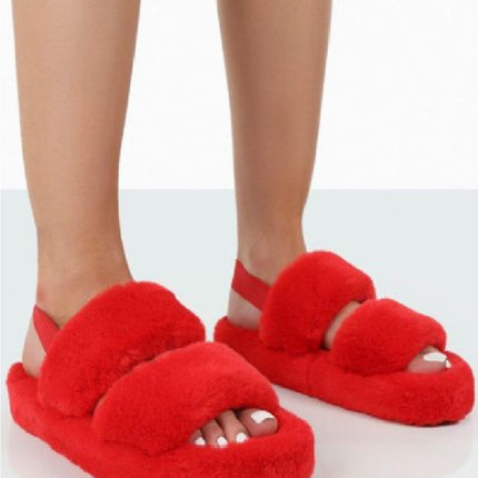 NEW LADIES WOMENS FLAT FLUFFY COMFY SOFY WARM FAUX FUR SLIDERS SLIPPERS SIZE 3-8