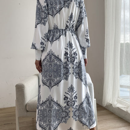Printed Notched Lantern Sleeve Midi Dress