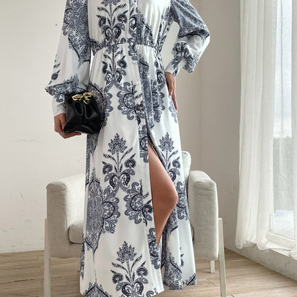 Printed Notched Lantern Sleeve Midi Dress