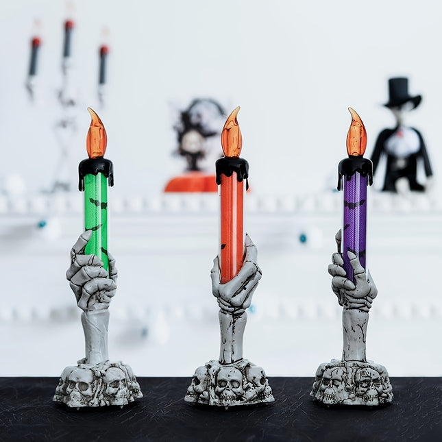 3pcs Spooky Gothic Hand Candle Light Set with Glowing Skull & Flickering Flame Effect - - -Free Warm White/Cool Color-Changing Lights (Pink, Orange, Green, Blue, Purple) for Indoor/ Halloween Party Decorations, Durable Plasti