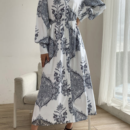 Printed Notched Lantern Sleeve Midi Dress