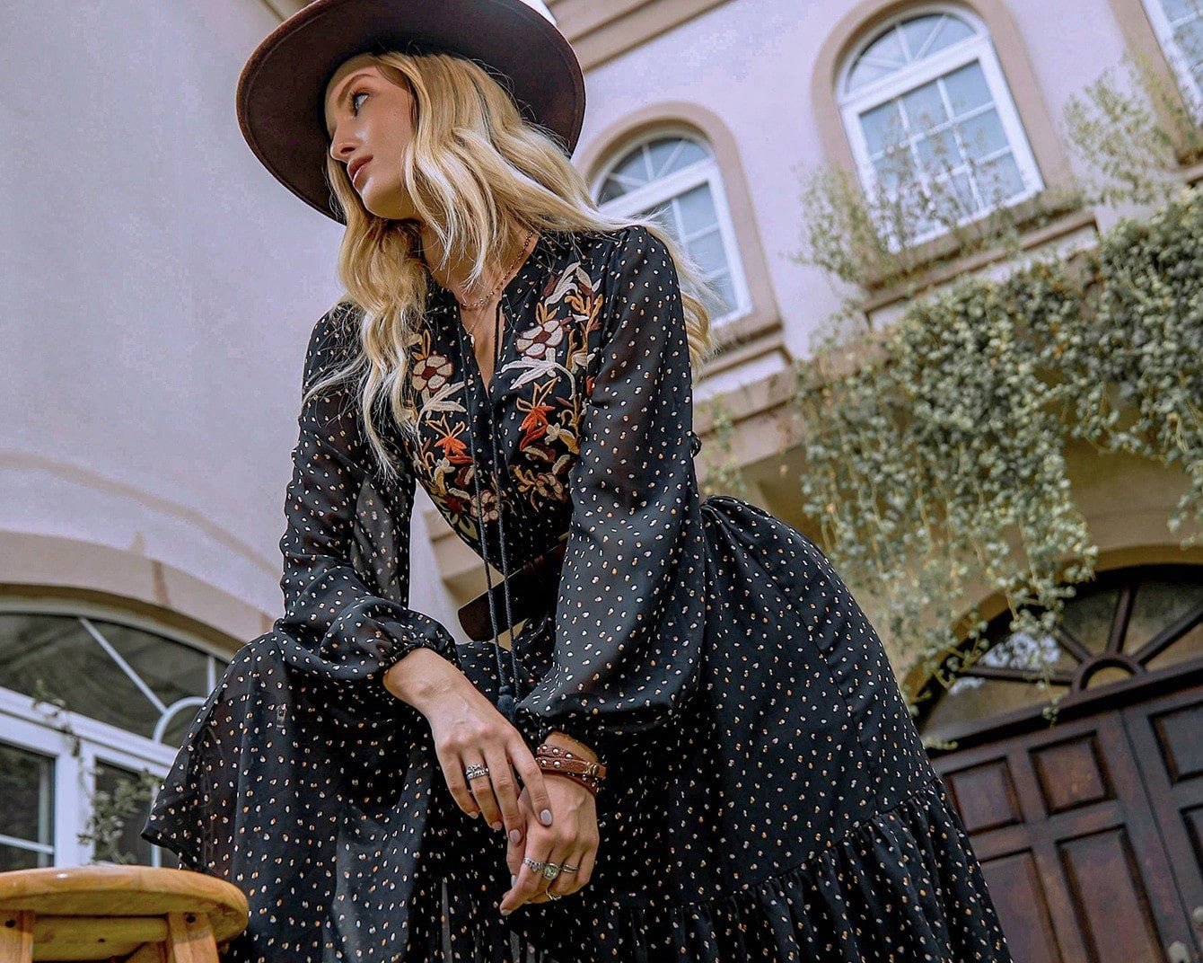 Embroidered Polka Dot Tie Neck Long Sleeve Midi Dress