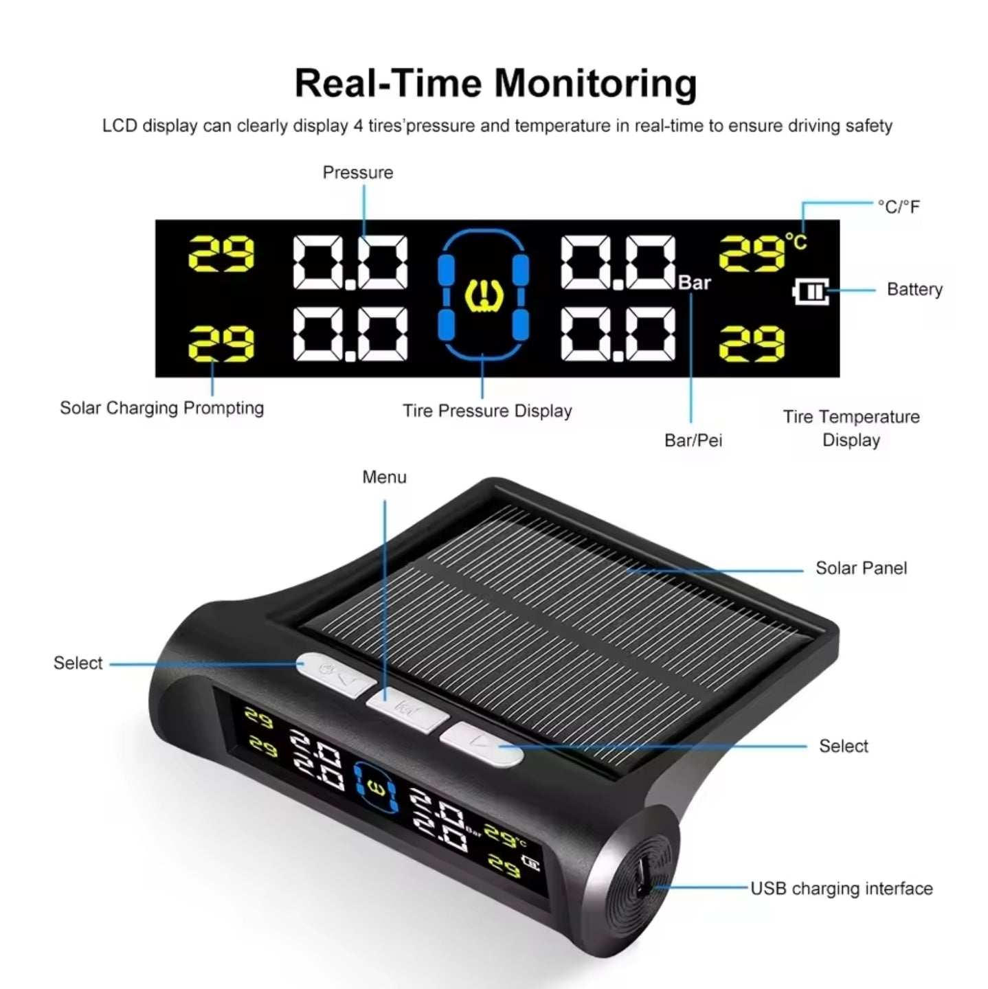 Solar Powered Wireless Tyre Pressure Monitoring System (TPMS) with 4 External Sensors – Real-Time LCD Display, USB Dual Charging, High/Low Pressure & Temperature Alerts for Cars, SUVs, Vans